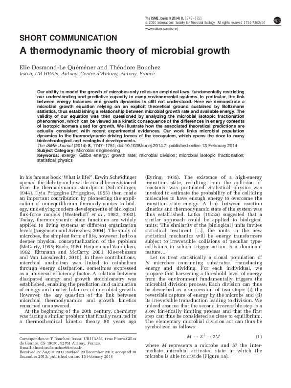 (PDF) A thermodynamic theory of microbial growth