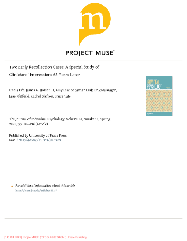 (PDF) Two Early Recollection Cases: A Special Study of Clinicians ...