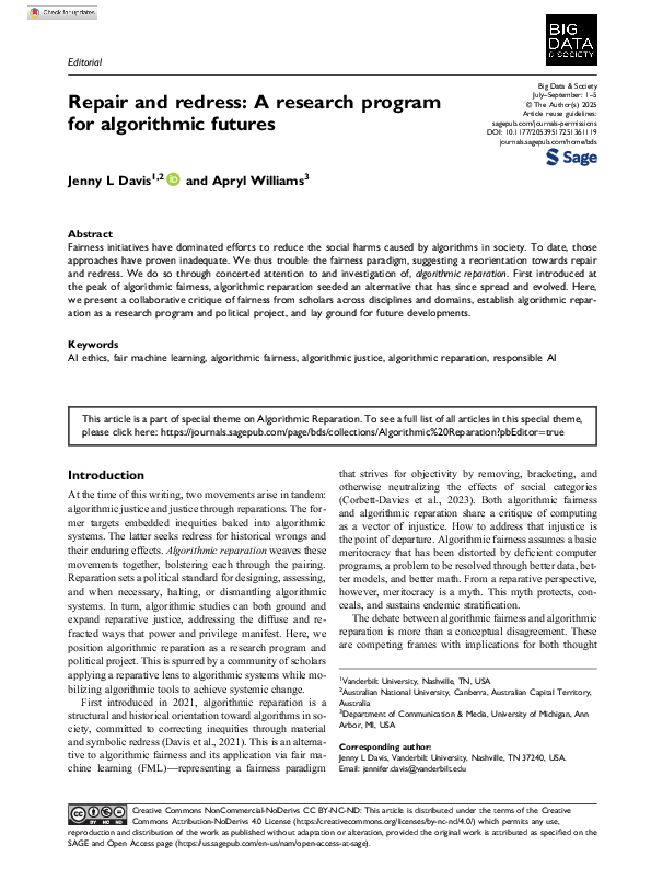 (PDF) Repair and redress: A research program for algorithmic futures