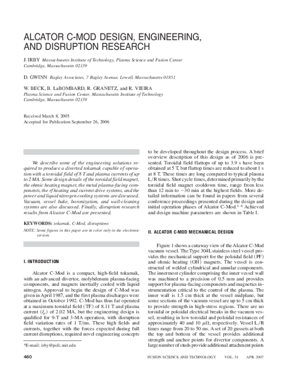 (PDF) Alcator C-Mod Design, Engineering, and Disruption Research