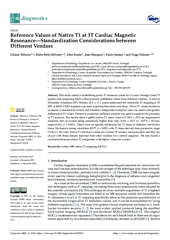 (PDF) Reference Values of Native T1 at 3T Cardiac Magnetic Resonance ...