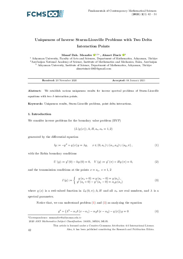 (PDF) Uniqueness of Inverse Sturm-Liouville Problems with Two Delta ...