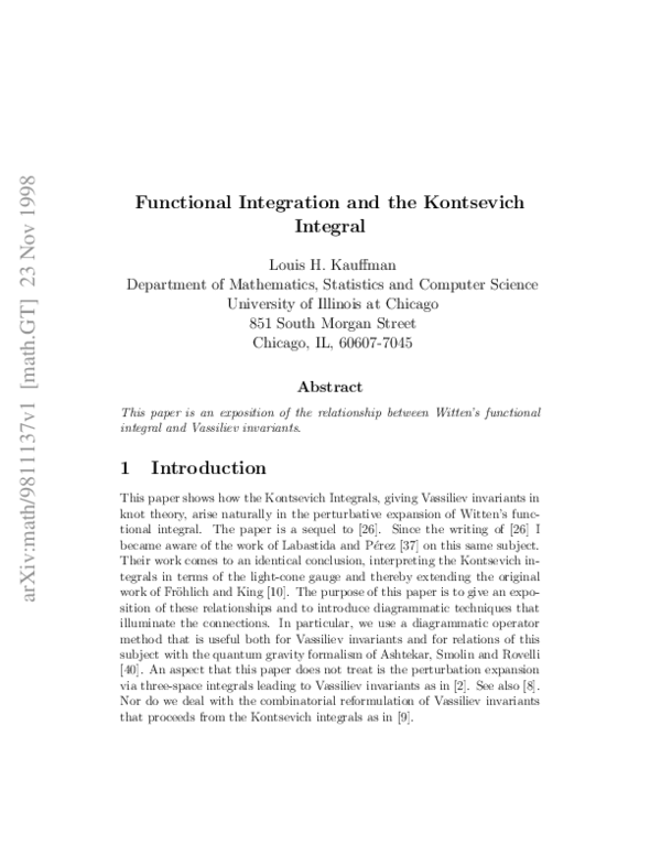 (PDF) Functional Integration, Kontsevich Integral and Formal Integration