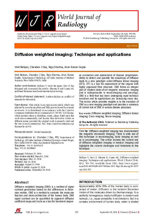 (PDF) Diffusion weighted imaging: Technique and applications