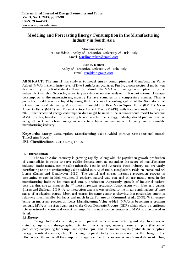 (PDF) Modeling and Forecasting Energy Consumption in the Manufacturing ...