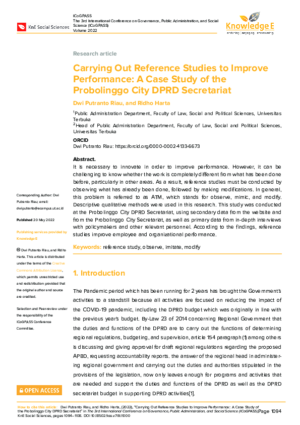 (PDF) Carrying Out Reference Studies to Improve Performance: A Case ...