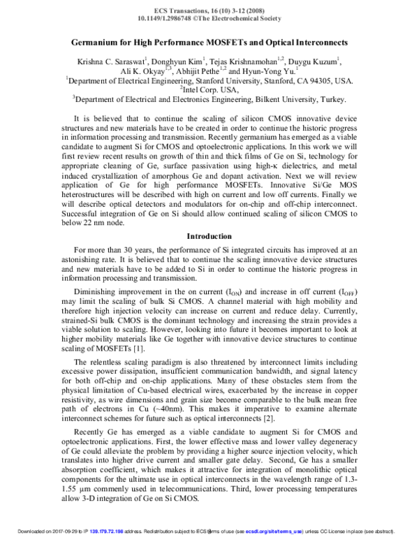 (PDF) Germanium for High Performance MOSFETs and Optical Interconnects