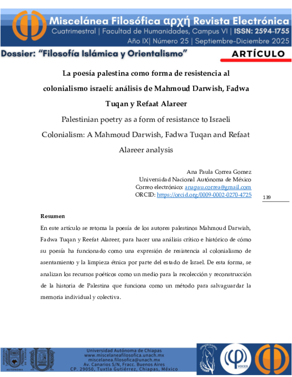 (PDF) La poesía palestina como forma de resistencia al colonialismo