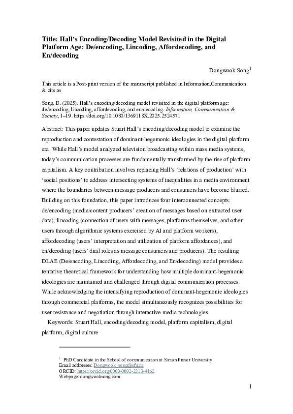 (PDF) Hall's encoding/decoding model revisited in the digital platform ...