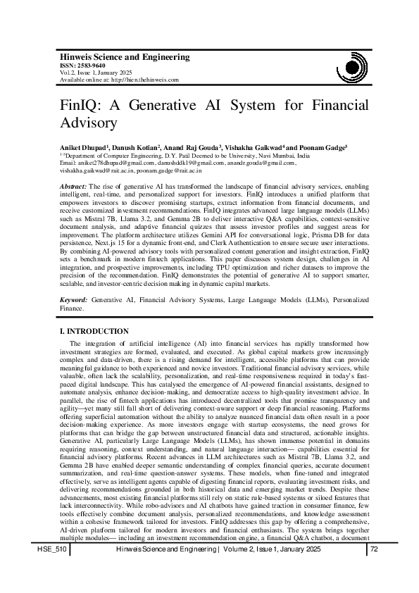 (PDF) FinIQ: A Generative AI System for Financial Advisory