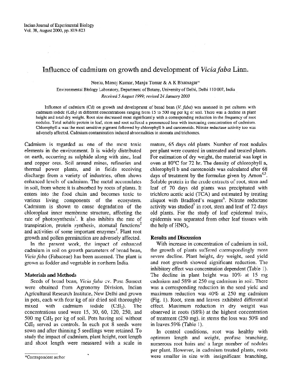 (PDF) Influence of cadmium on growth and development of Vicia faba Linn