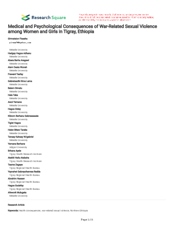 (PDF) Medical and Psychological Consequences of War-Related Sexual ...