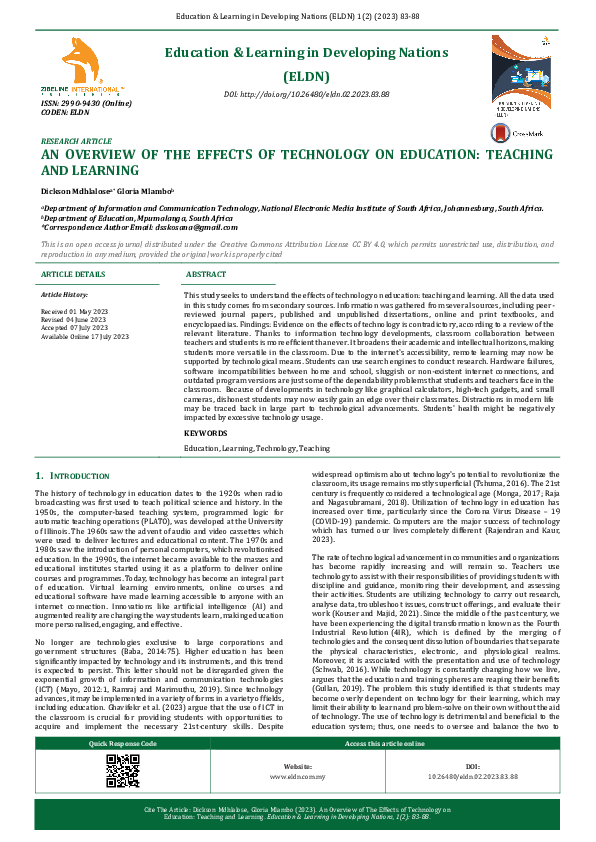 (PDF) AN OVERVIEW OF THE EFFECTS OF TECHNOLOGY ON EDUCATION: TEACHING ...