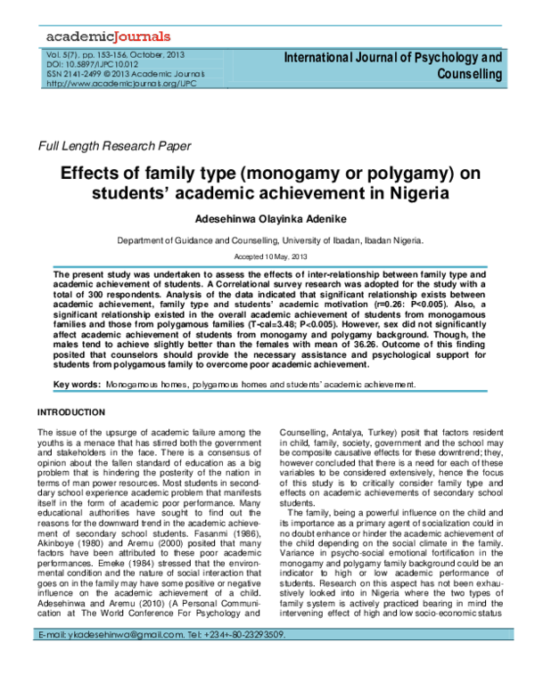 (PDF) Effects of family type (monogamy or polygamy) on students ...