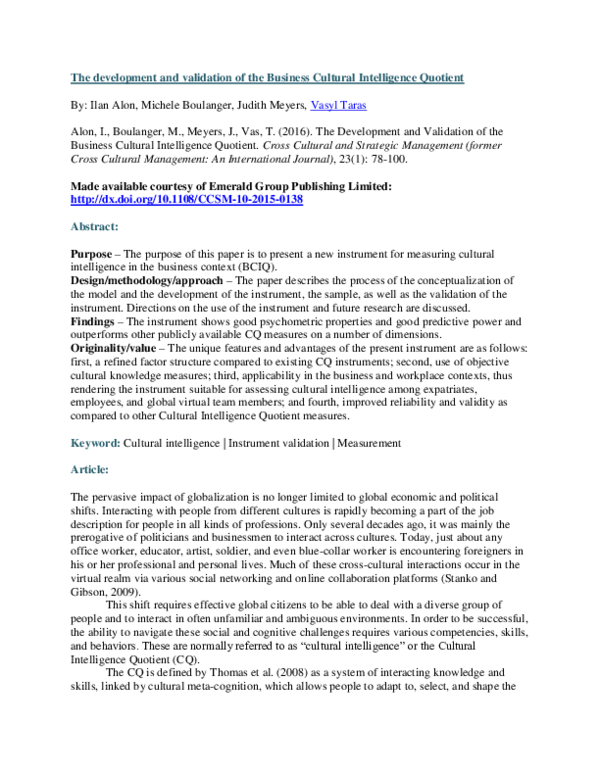 (PDF) The development and validation of the Business Cultural ...