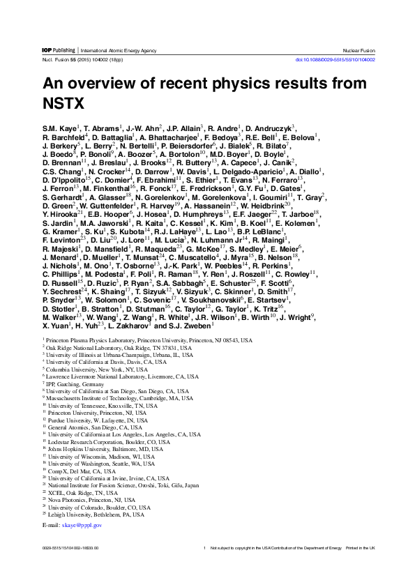 (PDF) An overview of recent physics results from NSTX