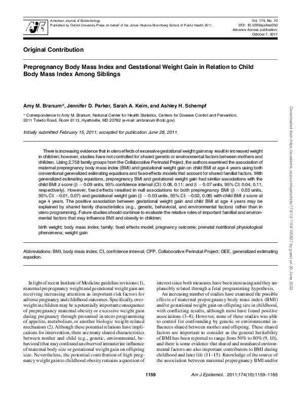 (PDF) Prepregnancy Body Mass Index and Gestational Weight Gain in ...