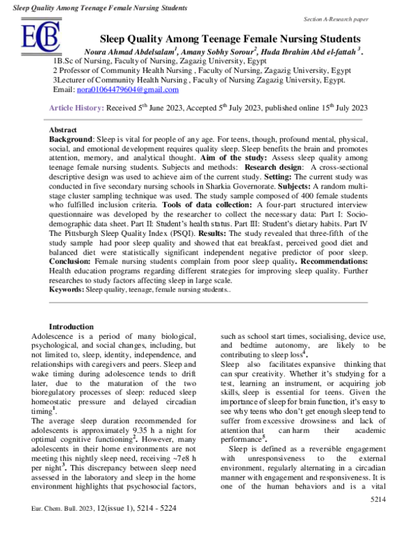 (PDF) Sleep Quality Among Teenage Female Nursing Students