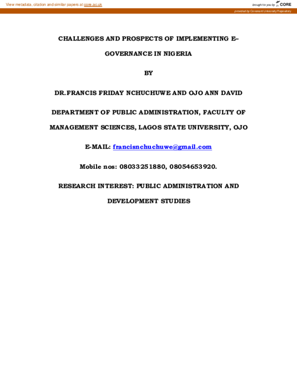 (PDF) Challenges And Prospects Of Implementing E–Governance In Nigeria