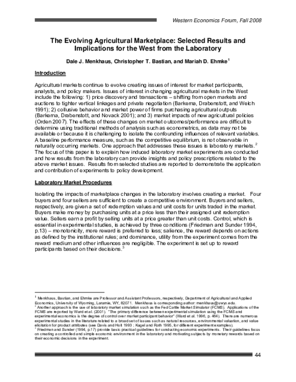 (PDF) The Evolving Agricultural Marketplace: Selected Results and ...