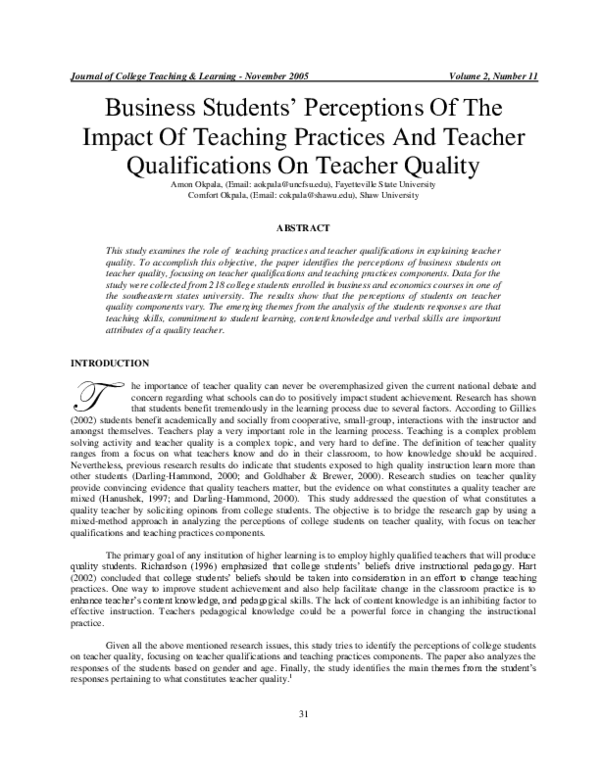 (PDF) Business Students Perceptions Of The Impact Of Teaching Practices ...
