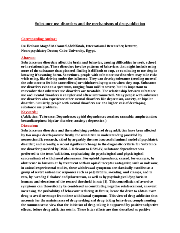 (PDF) Substance use disorders and the mechanisms of drug addiction