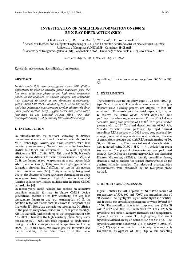 (PDF) INVESTIGATION OF Ni SILICIDES FORMATION ON (100) Si BY X-RAY ...
