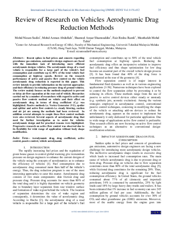 (PDF) Review of Research on Vehicles Aerodynamic Drag Reduction Methods