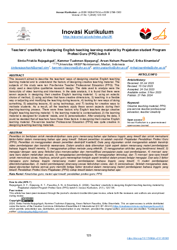 Pdf Teachers Creativity In Designing English Teaching Learning