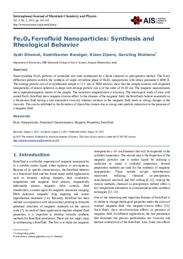 (PDF) Fe 3 O 4 Ferrofluid Nanoparticles : Synthesis and Rheological ...