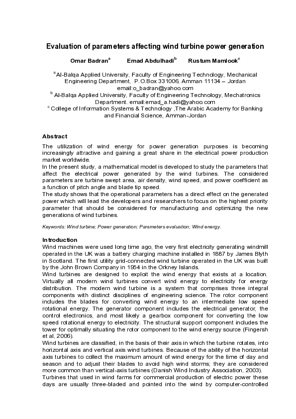 (PDF) Evaluation of parameters affecting wind turbine power generation