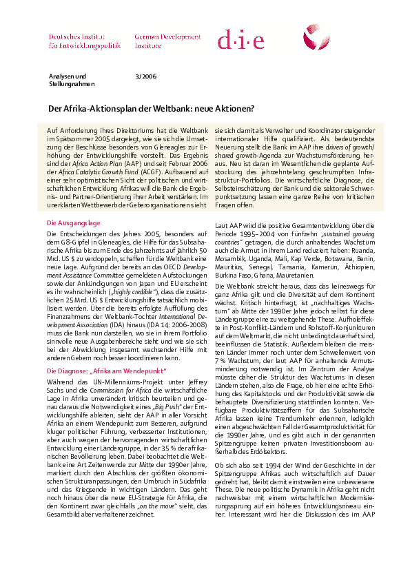 (PDF) Der Afrika-Aktionsplan der Weltbank : neue Aktionen?