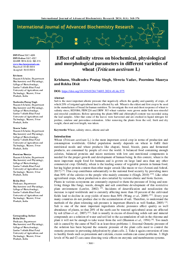 (PDF) Effect of salinity stress on biochemical, physiological and ...