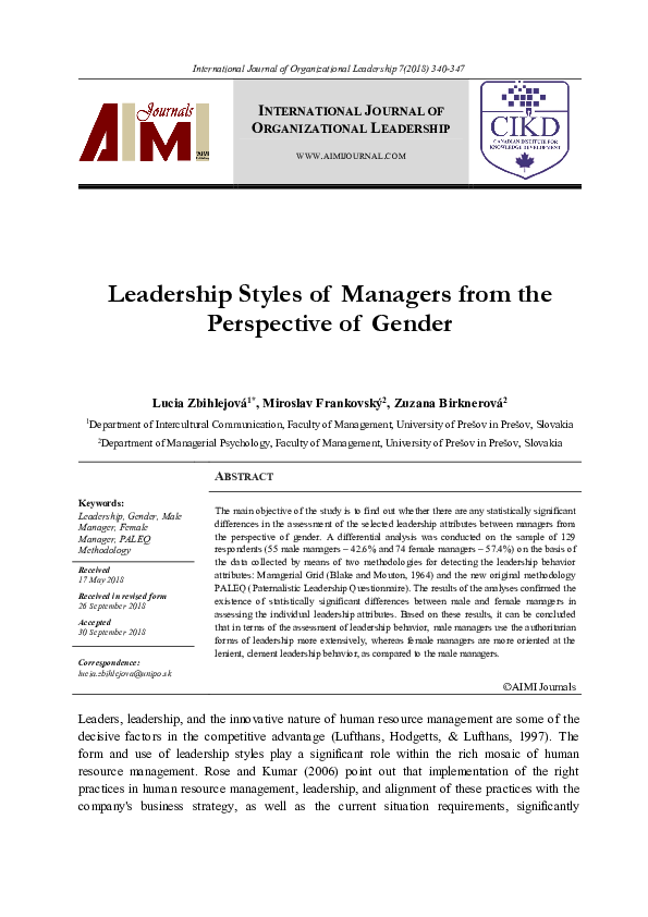 (PDF) Leadership Styles of Managers from the Perspective of Gender