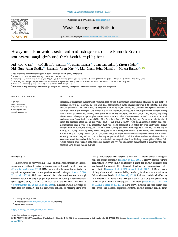 (PDF) Heavy metals in water, sediment and fish species of the Bhairab ...