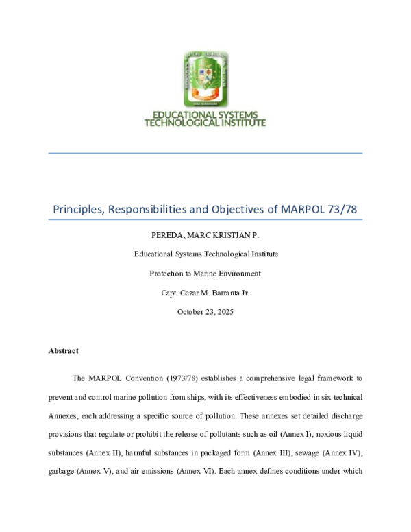 (PDF) Principles, Responsibilities and Objectives of MARPOL 73/78
