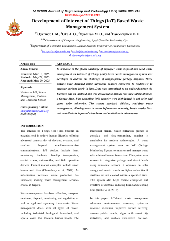 (PDF) Development of Internet of Things (IoT) Based Waste Management System