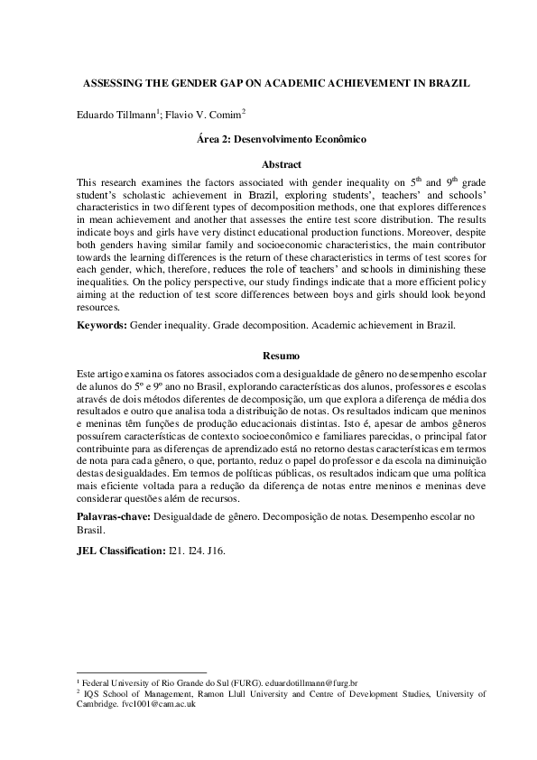 (PDF) Assessing the Gender Gap on Academic Achievement in Brazil
