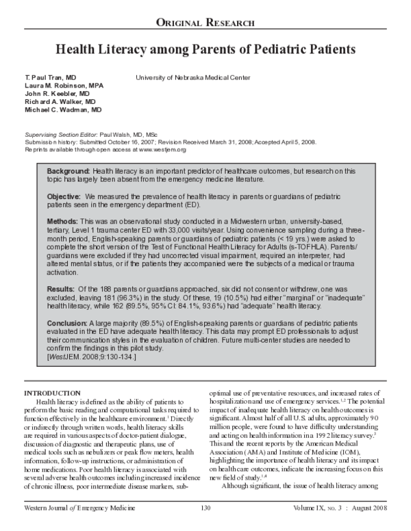 (PDF) Health Literacy among Parents of Pediatric Patients