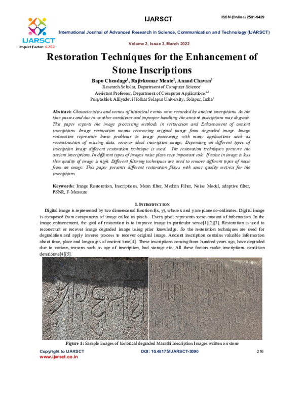 (PDF) Restoration Techniques for the Enhancement of Stone Inscriptions