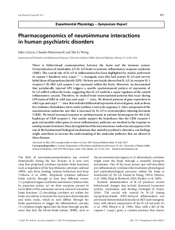 (PDF) Pharmacogenomics of neuroimmune interactions in human psychiatric ...