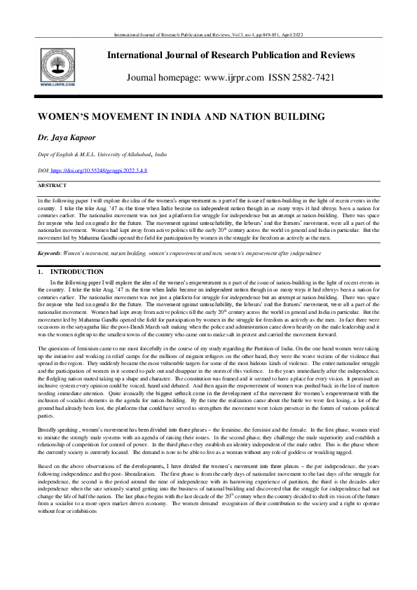 (PDF) Women’s Movement in India and Nation Building