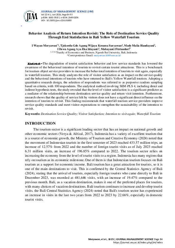 (PDF) Behavior Analysis of Return Intention Revisit: The Role of ...