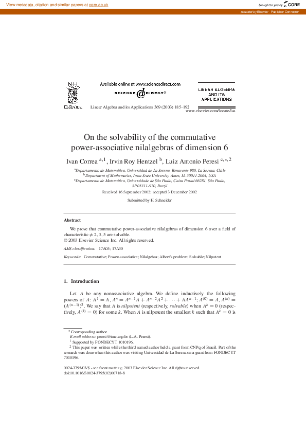 (PDF) On the solvability of the commutative power-associative ...