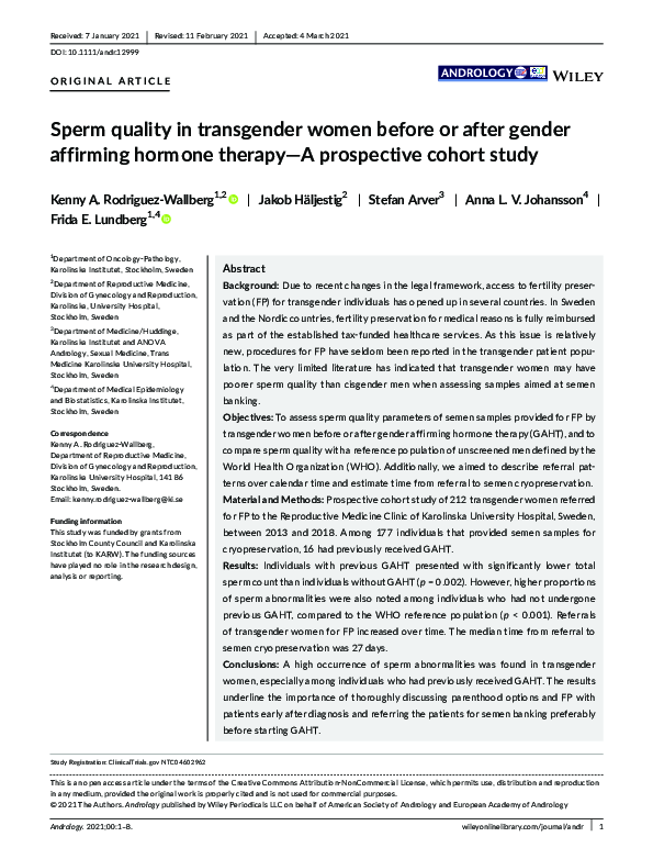 (PDF) Sperm quality in transgender women before or after gender ...