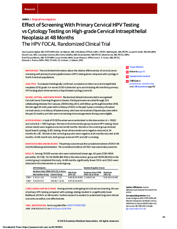 (PDF) Effect of Screening With Primary Cervical HPV Testing vs Cytology ...