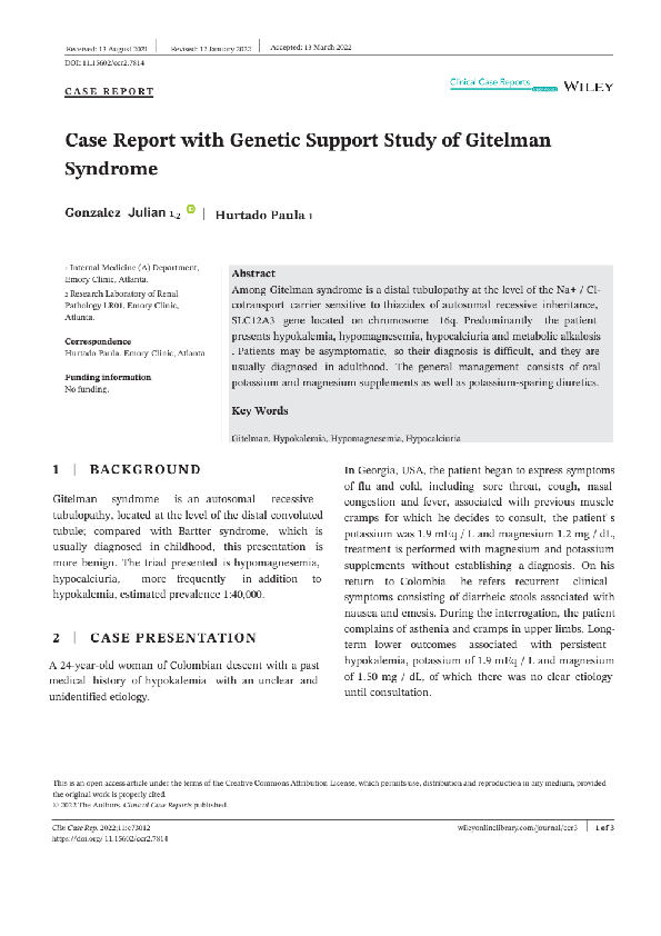 (PDF) Case Report with Genetic Support Study of Gitelman Syndrome