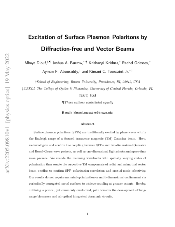 (PDF) Excitation of surface plasmon polaritons by diffraction-free and ...