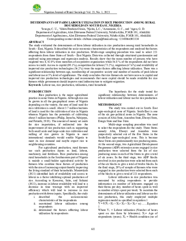 (PDF) DETERMINANTS OF FARM LABOUR UTILISATION IN RICE PRODUCTION AMONG ...