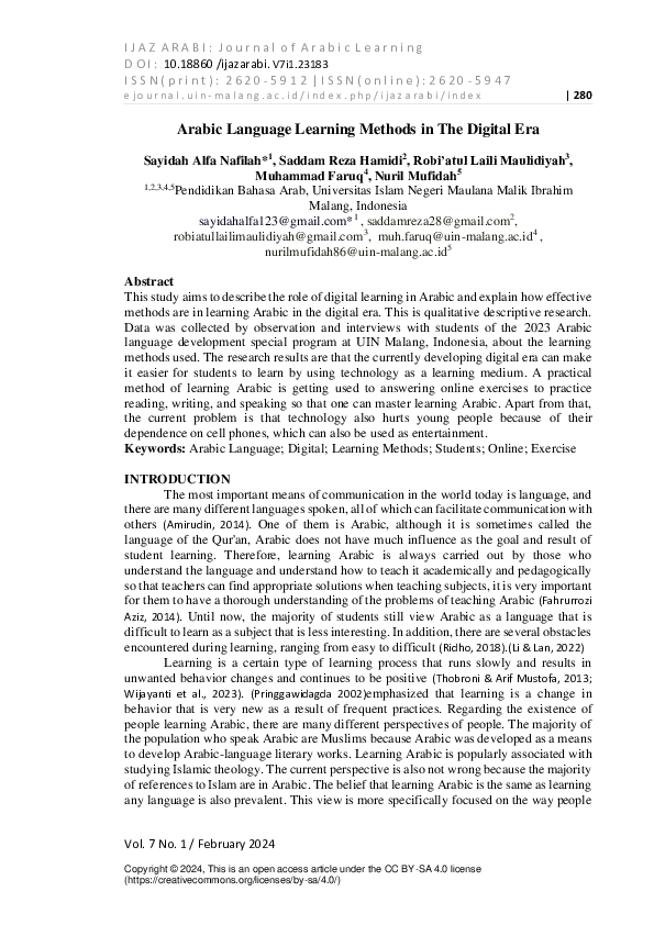 (PDF) Arabic Language Learning Methods In The Digital Era